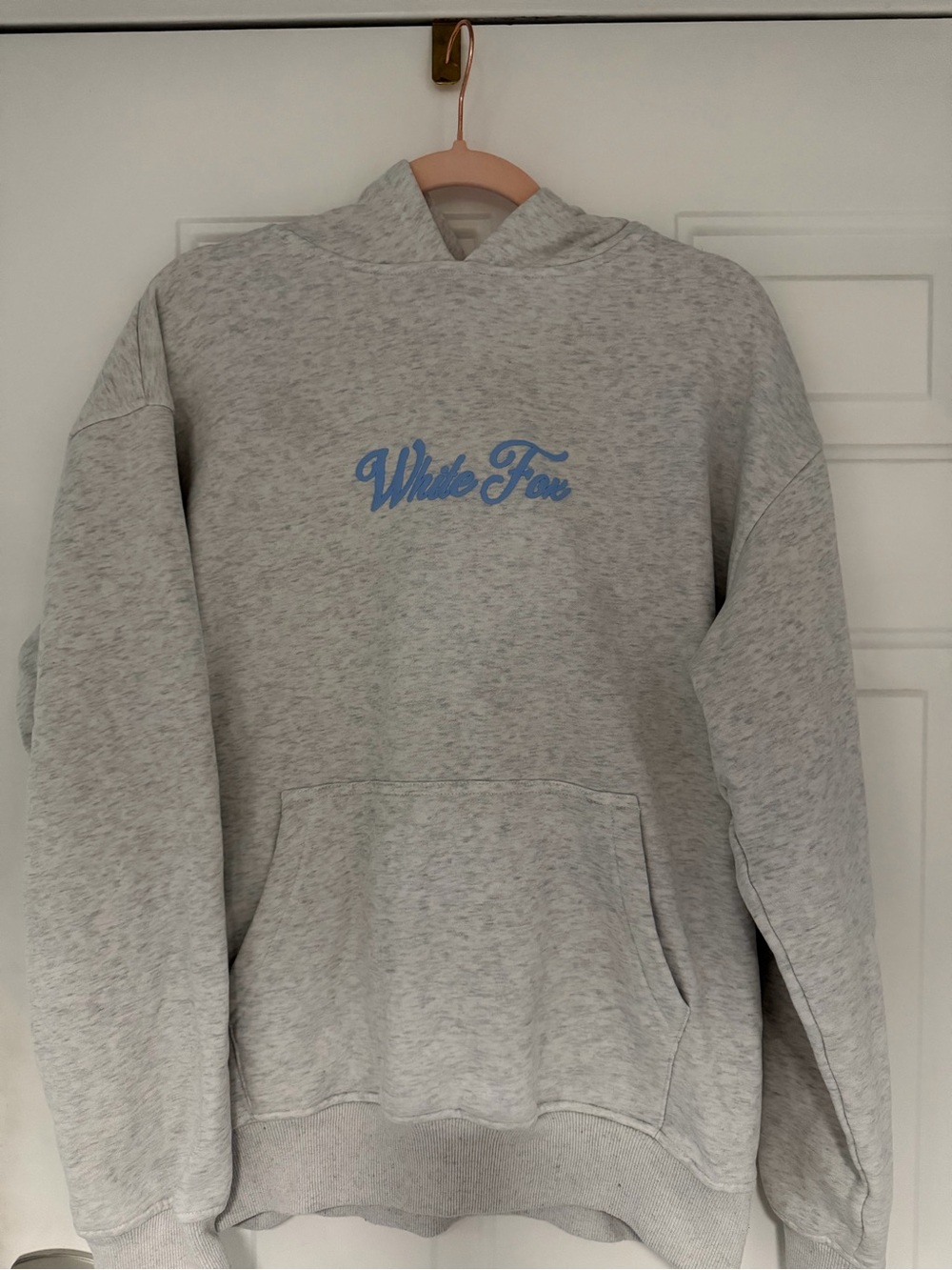 White Fox Boutique Light Gray Hoodie with Blue Script Logo